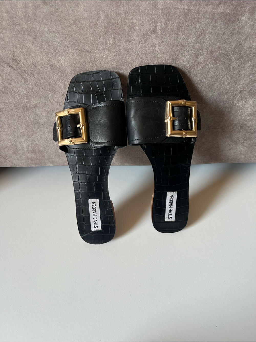 Steve Madden Black Croc-Embossed Slide Mules with Gold Buckle